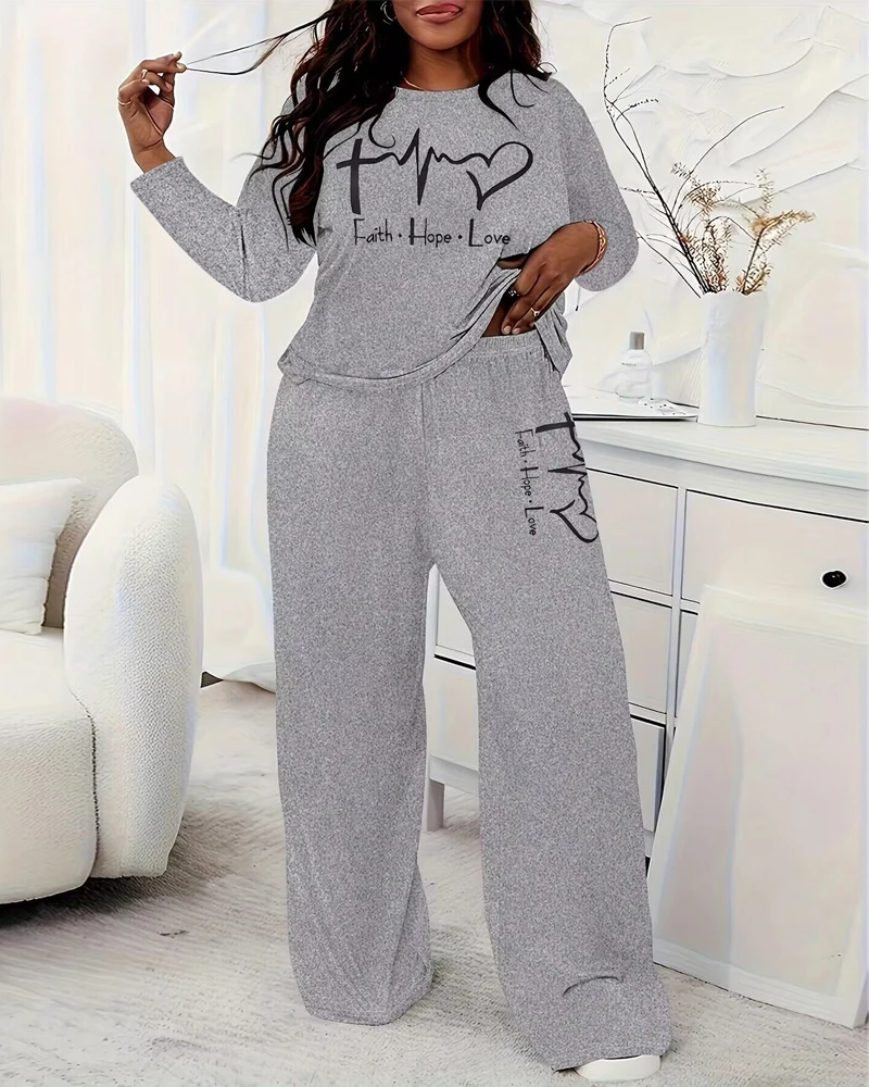 

Women's Suit 2025 Autumn Plus Size 2 Piece Heart Faith Hope Love Print Crewneck Long Sleeve Top High Waist Pants Pajamas Set