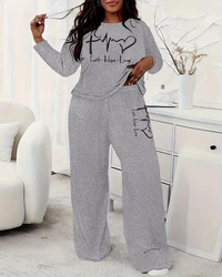 Women's Suit 2025 Autumn Plus Size 2 Piece Heart Faith Hope Love Print Crewneck Long Sleeve Top High Waist Pants Pajamas Set