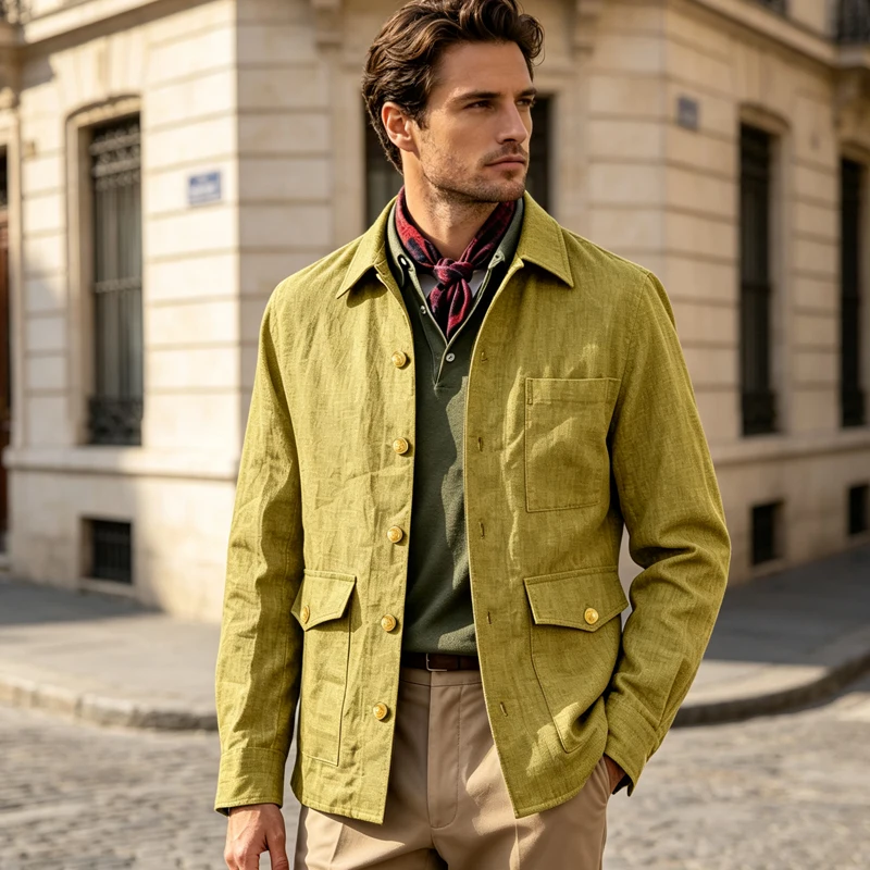 Vintage Men's Linen Jacket Lapel Collar Gold Button Casual Slim Fit Coat Lightweight Breathable for Formal Daily Office Wear