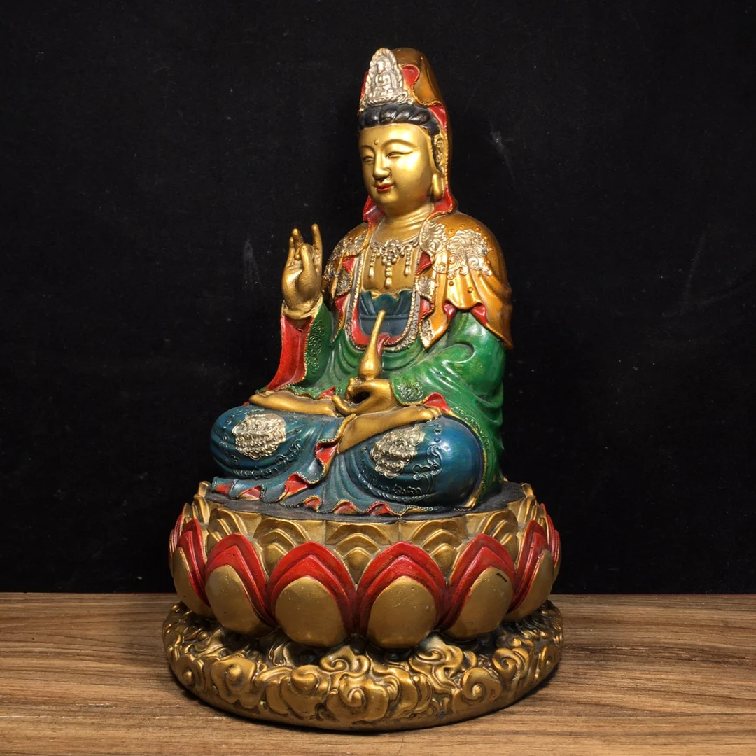 Buddha statue Pure copper painted Guanyin Bodhisattva Length 18.5cm, width 18.5cm, height 29.5cm, weight 3650g