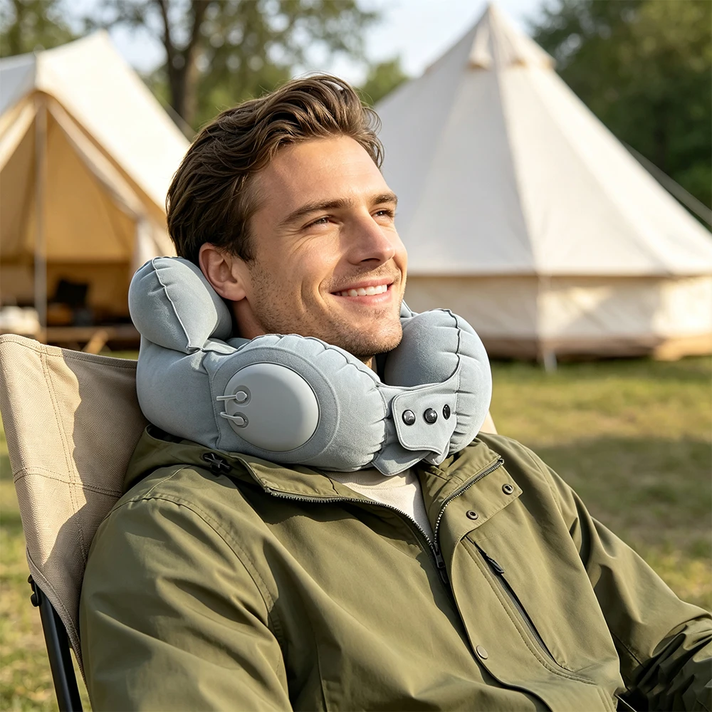 1 aufblasbares Nackenkissen, tragbares Reisekissen, verstellbares Snap-On-Press-Inflatable-Design, ergonomische Kopfstütze, geeignet für den Einsatz in Flugzeugen, Zügen, Büros und zu Hause – Detail 4