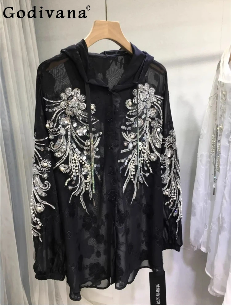 

European American Heavy Industry Bead Women's Summer Hooded Sunscreen Shirt Street Loose Long Sleeve Fairy Versatile Shirts