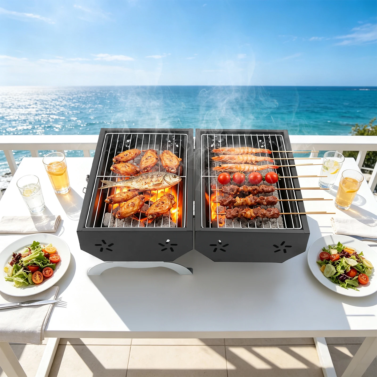 Portable Charcoal Grill, Outdoor BBQ Grill, Folding Charcoal Grill, Double-Sided Carbon Steel, Adjustable Vent Camping Picnic Grill