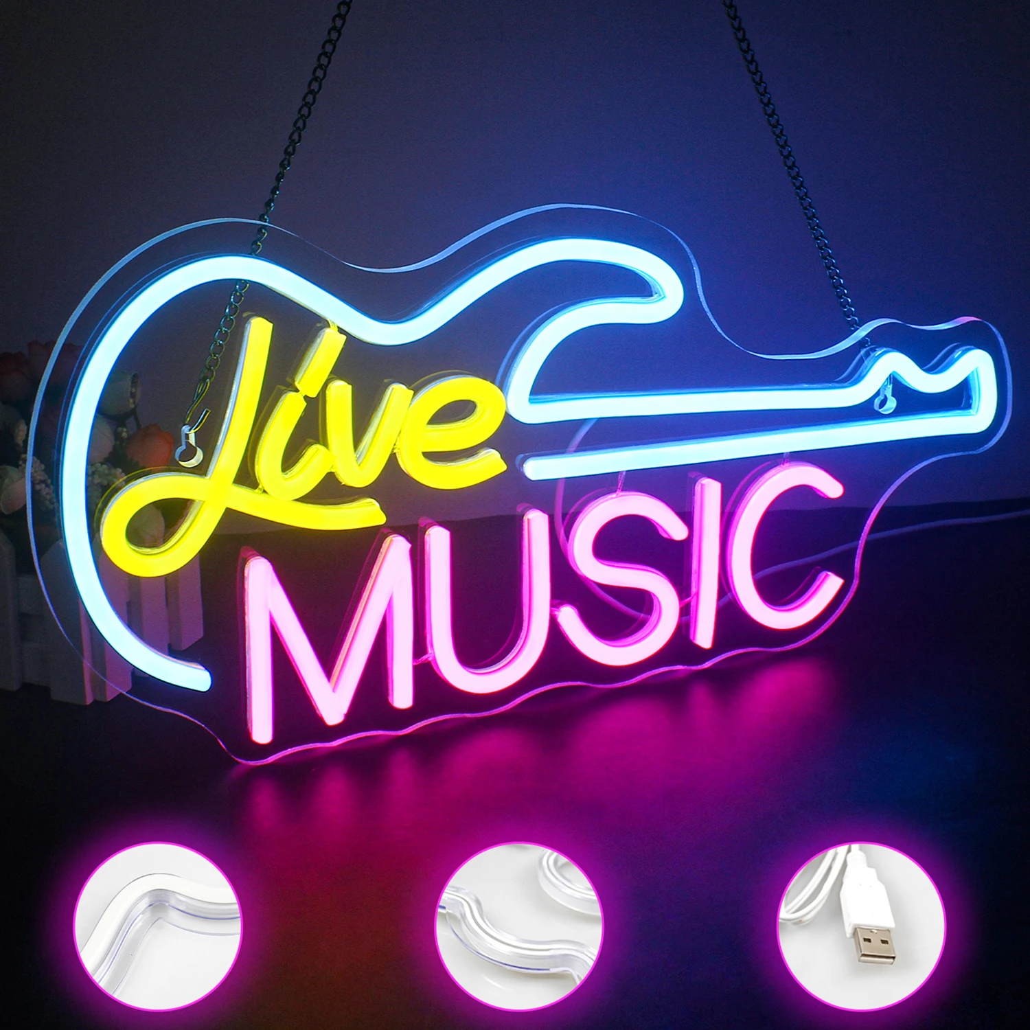 Imagem -03 - Guitarra Live Music Neon Signs Decoração de Parede Quarto Led Light up Sign Usb para Música Festa Bar Clube