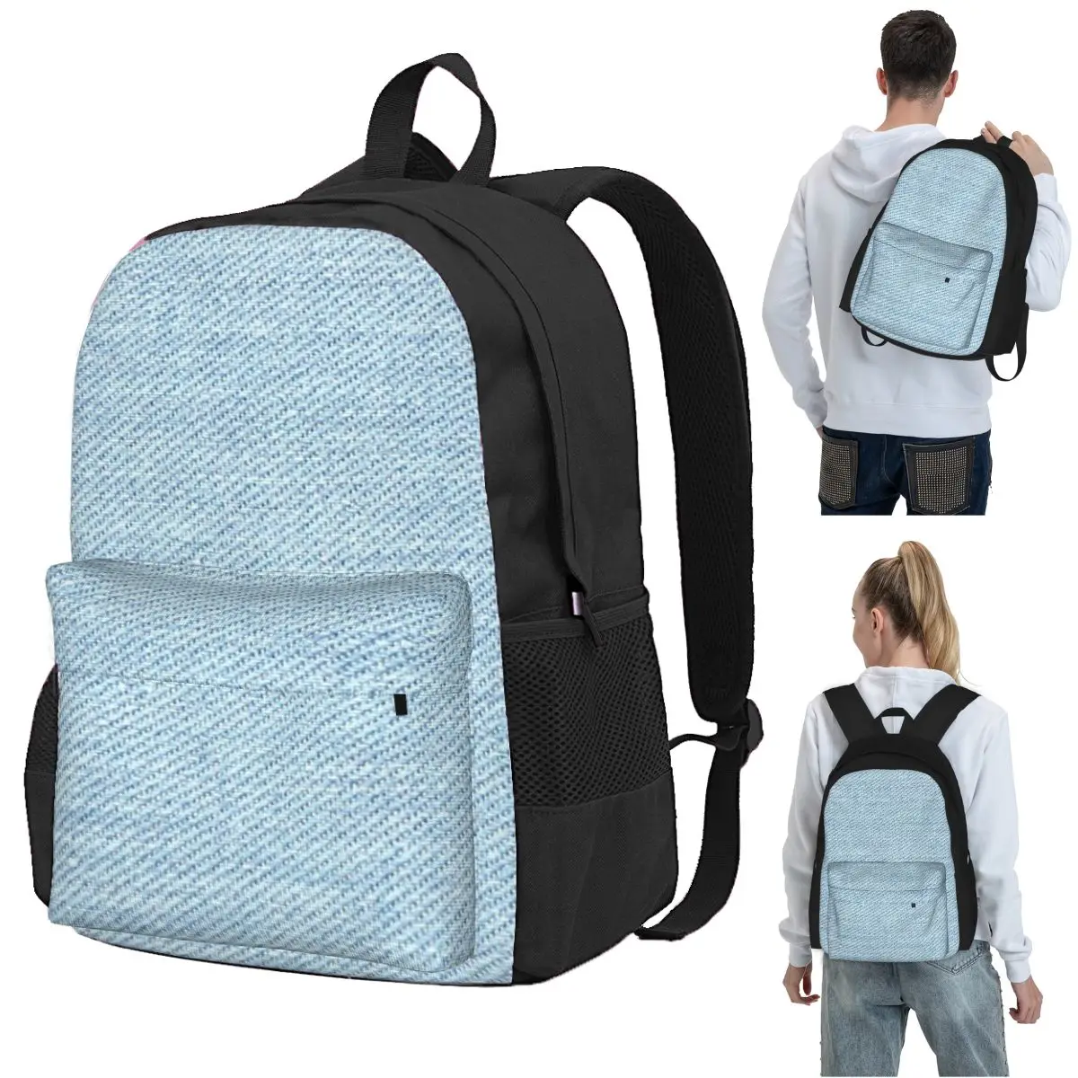 

Classic Light Blue Denim Photo Backpack Student BookBag Children School Bag Laptop Shoulder Bags for Men Women