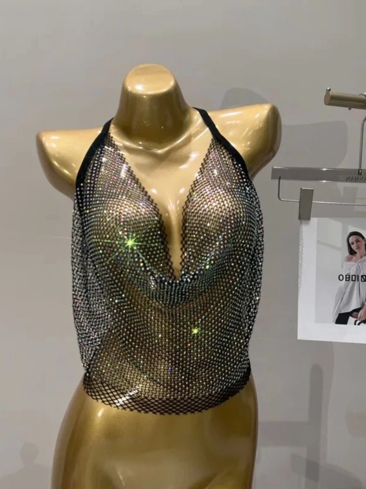 

Hanging Ne Strap Rhinestone Tank Top Women's Summer Glitter Diamond Strap Vest Faionable Glue on Crystals Bandage Tops