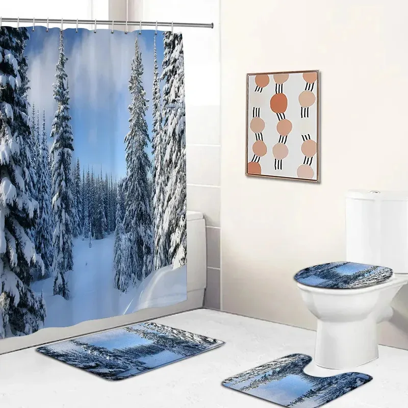 

JUJ63Winter Scenery Shower Curtain Set Snowy Forest Elk Deer Pine Tree Natural Scenery Christmas Bathroom Bath Mat Toilet Li3jn$