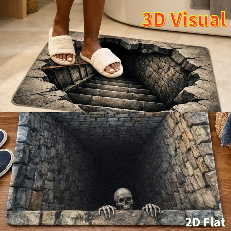 Halloween 3D Visual Skeleton Trap Hole Doormat 2D Flat Non Slip Absorbent Front Door Decor Rug Staircase Entrance Door Mat