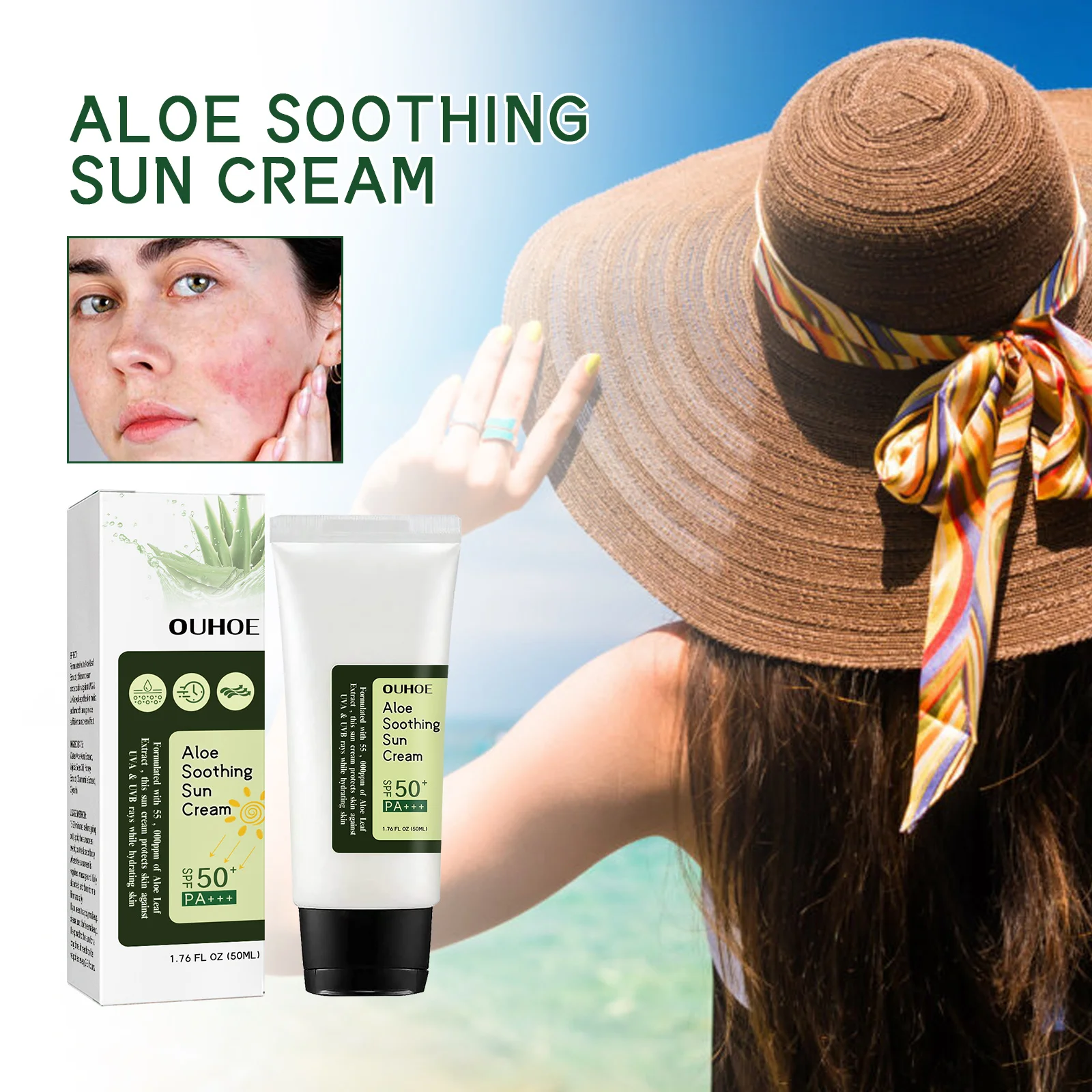 OUHOE 3pcs Aloe Protective Cream Face Moisturizer Anti-Aging Oil Control Waterproof Sweatproof Isolation UV Sunscreen