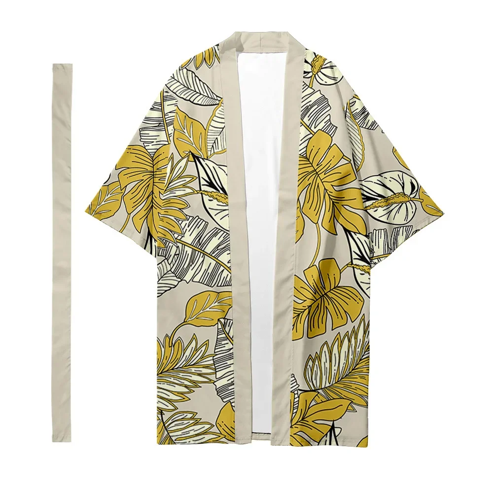 

Men's Japanese Long Kimono Cardigan Fashion Men's Samurai Clothing Kimono Tropical Plant Yukata Pattern Kimono Shirt Jacket 2