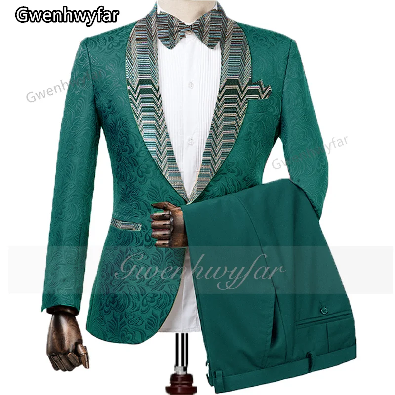 Gwenhwyfar Teal Green Pattern New Lapel High Quality New Style Suit Wedding Bridegroom Blazer Party Prom Tuxedos Latest Design