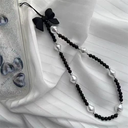 Korean Cute 3D Black Bow White Bead Beaded Phone Chain Charm Lanyard For iPhone CCD Hanging Rope Girl Jewelry Pendant Decoration