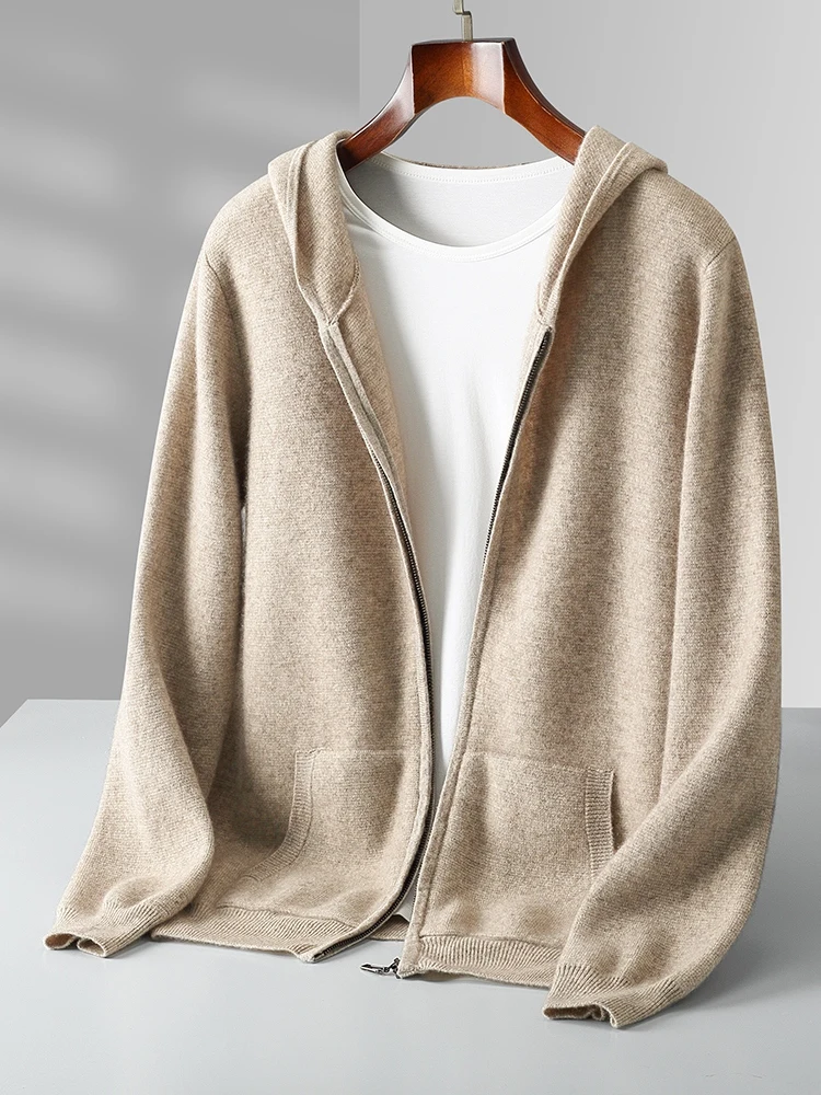 Thick Warm Men's Cashmere Hooded Cardigan Autumn Winter 100% Merino Wool Sweater Hoodie Zipper Soft Knitwear Casual Male Jacket