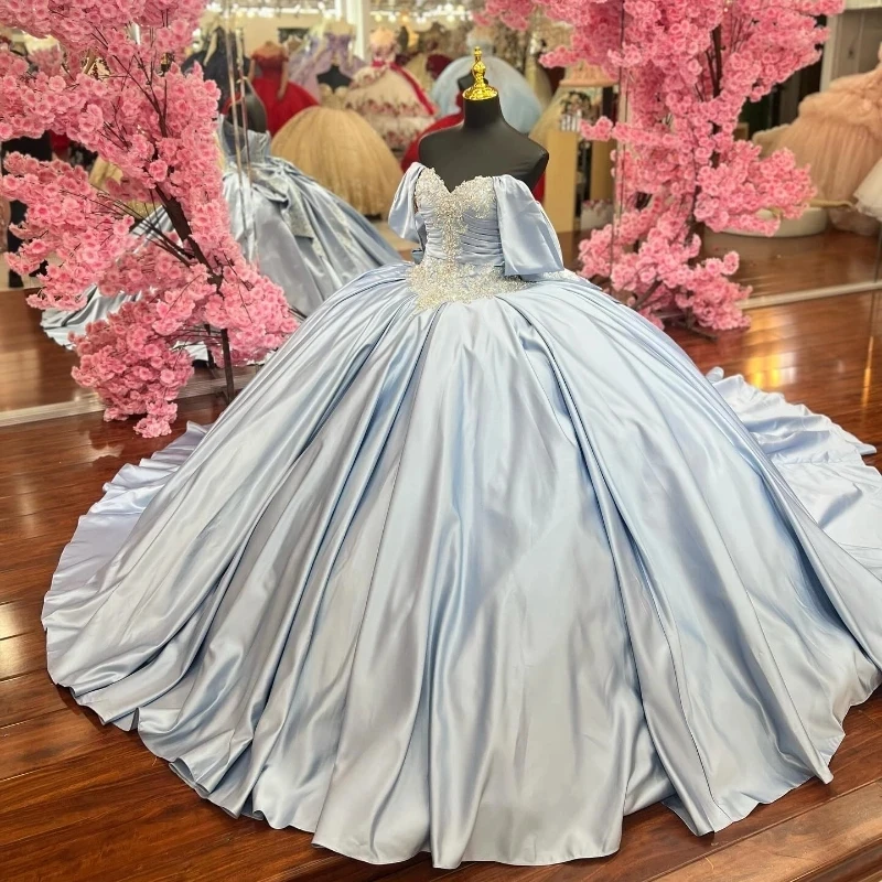 

Light Sky Blue Quinceanera Dresses Ball Gown Off The Shoulder Beads Crystals Bow Mexican Sweet 16 Dress Vestido De 15 Años