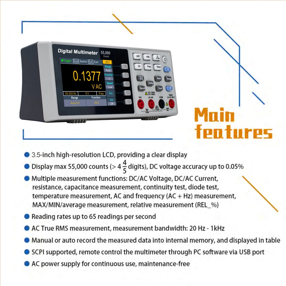 Bench Digital Multimeter 4 1/2 Digits True RMS Temperature DC AC Voltage Current Voltmeter Measurement Tool USB 3.5inch