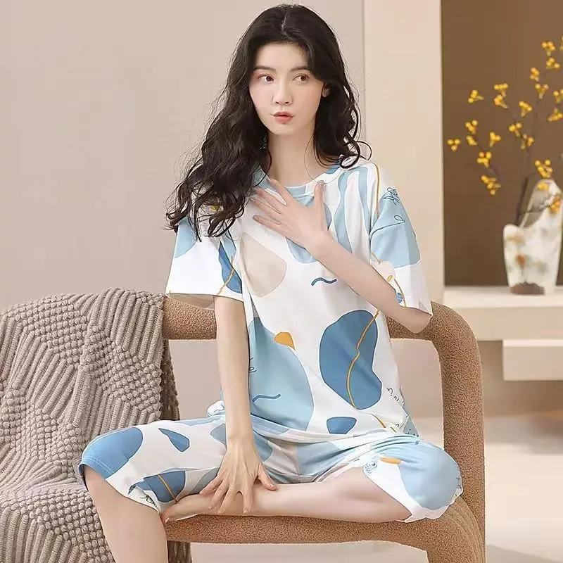 Pajamas Female Summer Thin Short Sleeves Shorts Loose Sweet Cute Cartoon Print Student Loungewear Two Piece Set Ladies Nightwear