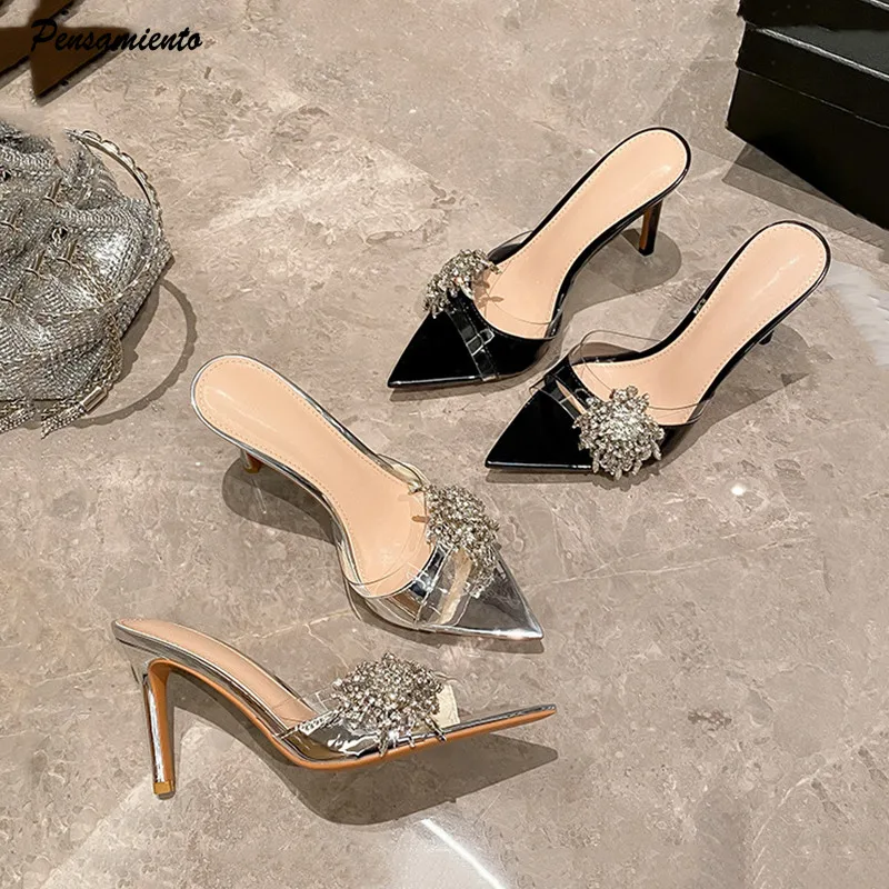 Star style Luxury Rhinestones Flowers PVC Women Slippers Sandals Elegant Thin High heels Mules Slides Fashion Summer Party Shoes