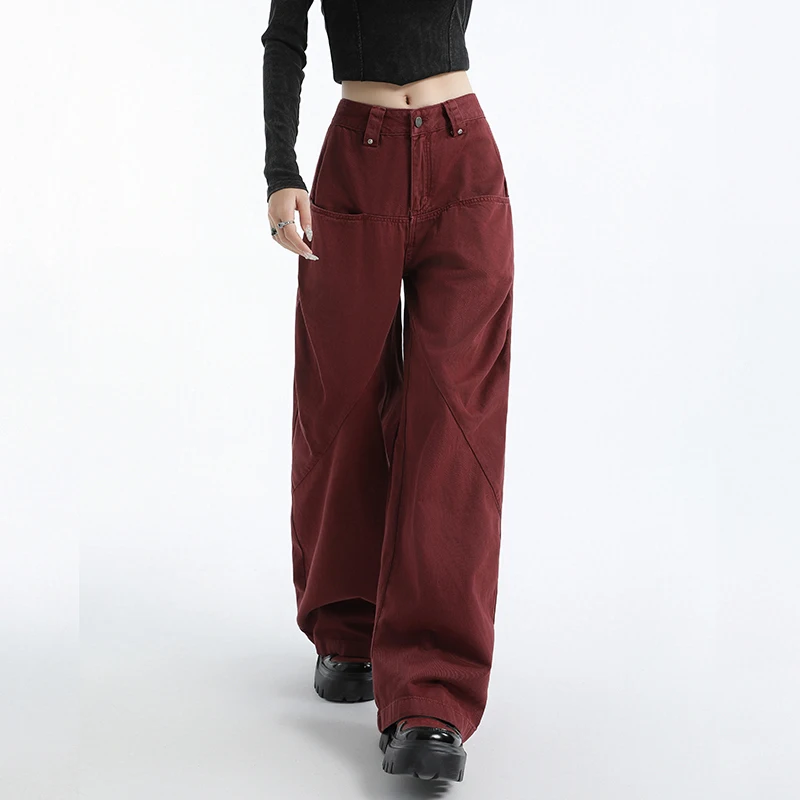 KSTUN กางเกงยีนส์สตรีกางเกงขากว้างสีแดงหญิง Baggy กางเกงหลวมสูงเอว Casual แฟชั่น 2025 ใหม่แนวโน้มลากกางเกงกางเกง