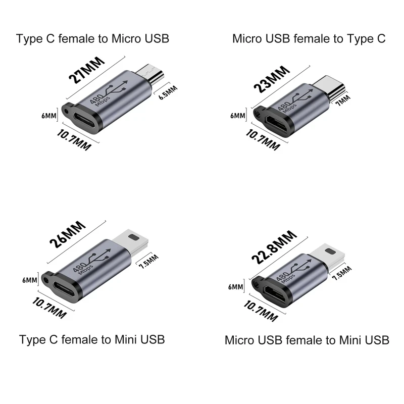 1pcs C- Type Female to Mini USB/C-Type Female to Micro USB/Micro USB Female to C- Type/Micro USB Female to Mini USB Connector