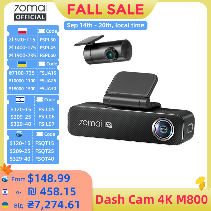 70mai Dash Cam 4K M800 2160P EMMC Built-in 128GB GPS ADAS Support 24H Parking Guard 4G Compatible Upgraded Ver. of 70mai M500