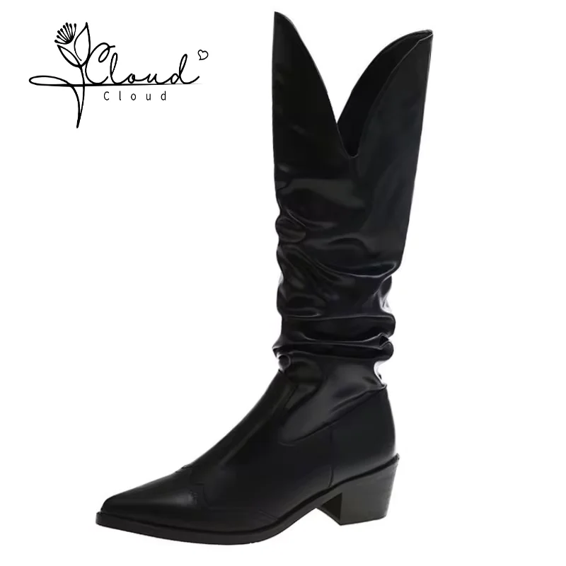 

2024 New Autumn Winter Women Thigh High Boots Female Pleated Side Deep V-mouth Women's Pointy Heel Short Knight Snow Shoes