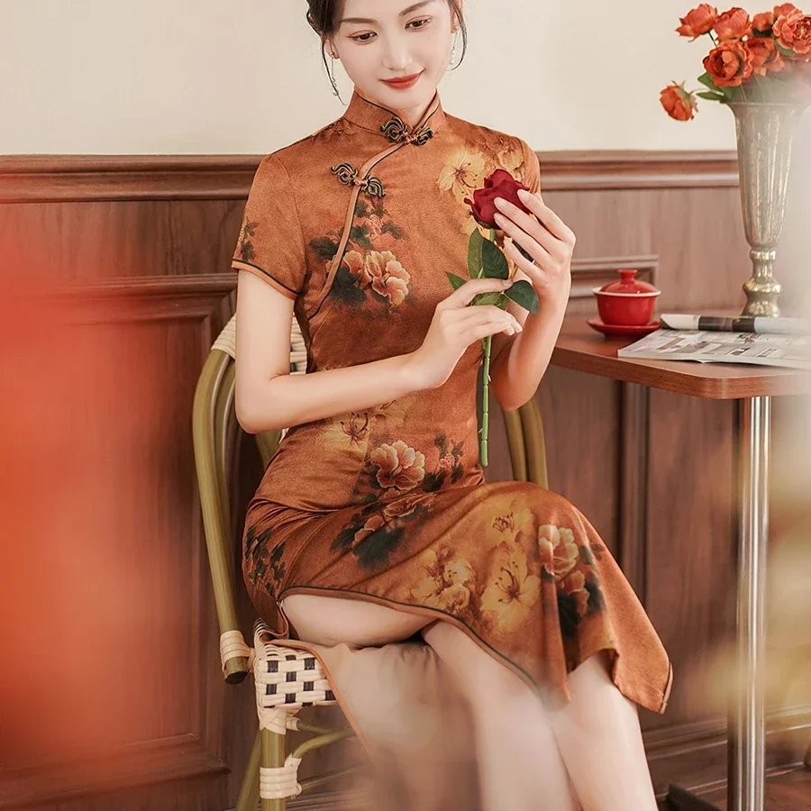 

Large Size 4Xl 4Xl 5Xl Chinese Qipao Cheongsam Woman Chinese Traditional Dress Floral Print Slitting Hem Bodycon Sexy Vestidos