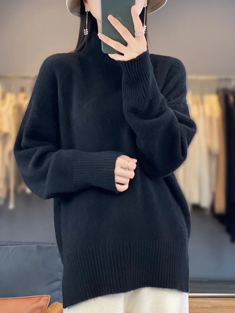 Autumn Winter Women Mock Neck Pullover 100% Merino Wool Sweater Long Sleeve Loose Shoulder Casual Cashmere Knitwear Tops