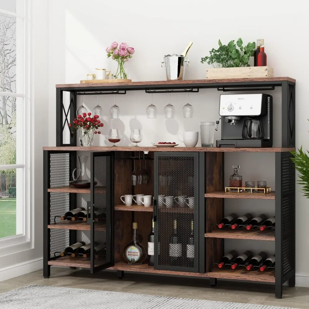 

Bar Cabinet, 55 Inches Industry Coffee Bar Cabinet with Wine Rack and Glass Holder, Kitchen Sideboard Buffet Cabinet with-Rustic