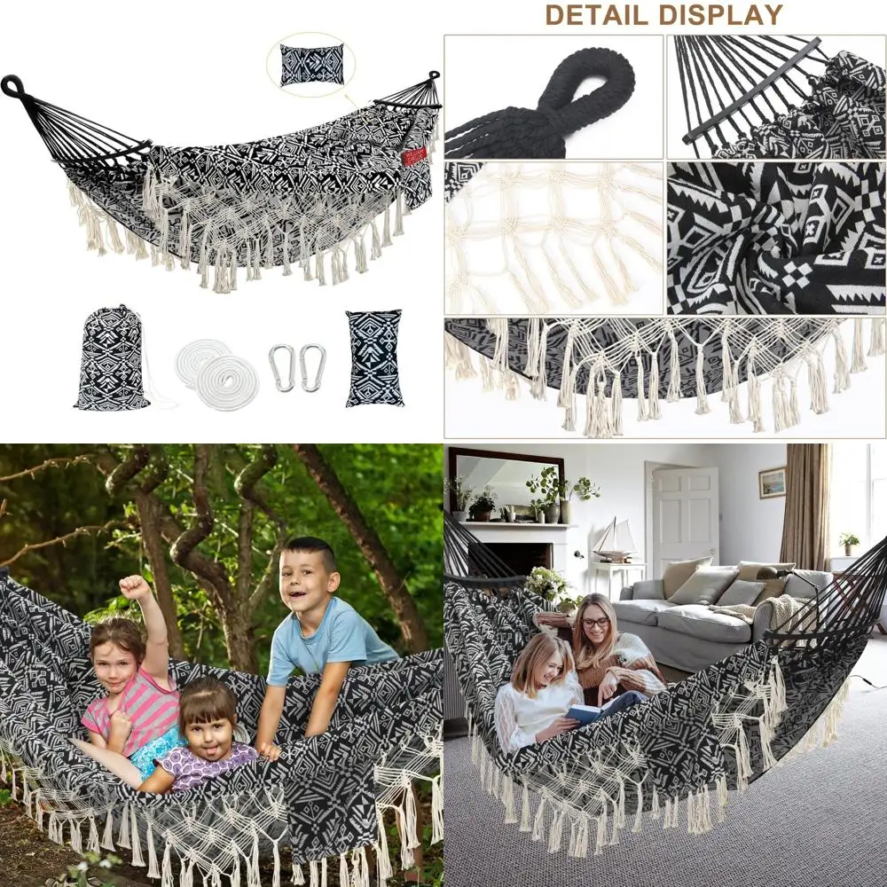 

Portable 2-Person Hammock with Pillow, Deluxe Macrame Fringe, Curved Spreader Bar, Side Pocket, Polyester Material, Ideal for In