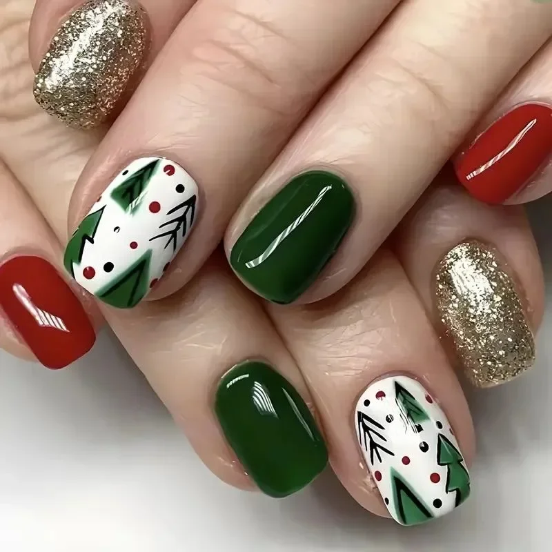24 pçs natal curto unhas falsas clássico bonito moda natal vermelho berry folha letras imprensa em unhas unhas falsas para mulher