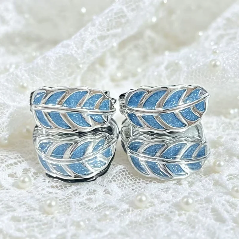 Blue Leaf Elliptical Zircon Shining Earrings and Rings 2-piece Set, Fashionable and High End Design, Trendy First Jewelry