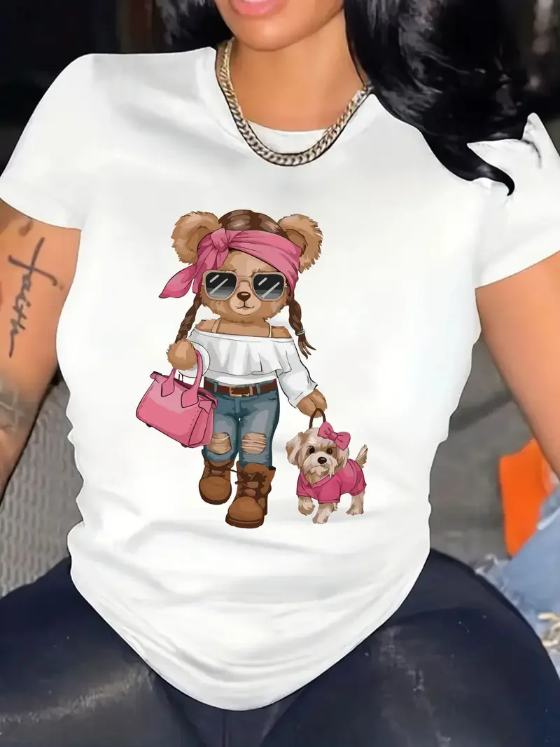 Camiseta Y2k con estampado de oso Kawaii camiseta informal de manga corta con cuello redondo para verano y primavera ropa