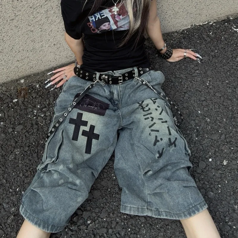 

Женские джинсовые шорты Goblin Core Cross Jorts, укороченные джинсовые брюки длиной до икры Y2k, Trashy Abi, японский кибер-панк, гранж, лето, унисекс