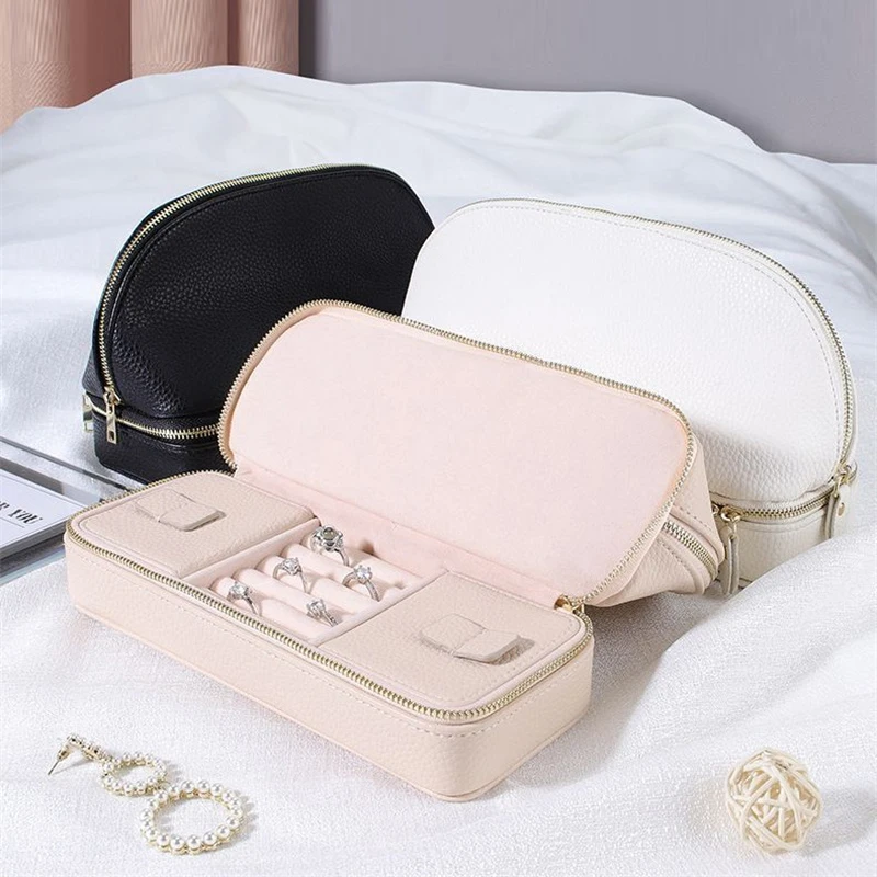 2 in 1 Makeup Bag with Jewelry Organizer Case PU Leather Versatile Women Travel Jewelry Holder Organizer Cosmetic Brushes Case