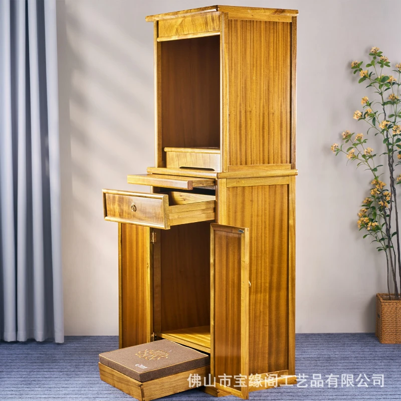 HT Golden nanmu Buddhist shrine household Shentai new Chinese solid wood vertical cabinet Guanyin God of Wealth offering cabinet
