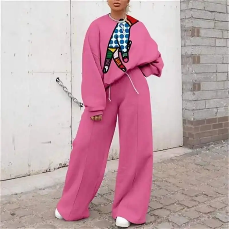 

Women Pink Print Tracksuit Long Sleeve Sweatshirt Casual Two-Piece Suit Autumn Round Neck Pullover And Pant