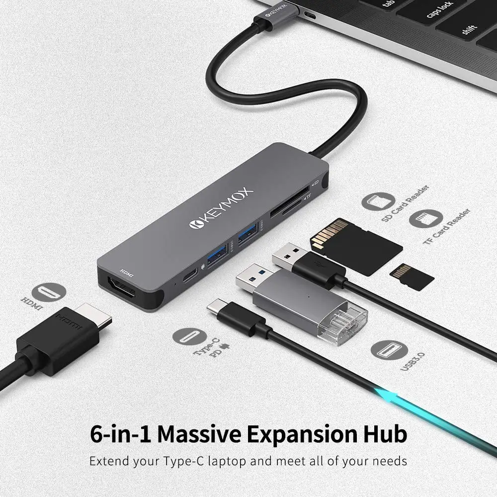 USB Hub 6 in 1 USB 3.0 to 4K HDMI Splitter 100W PD Charging Converters SD Card Reader Multiport Adapter Laptop Docking Stations