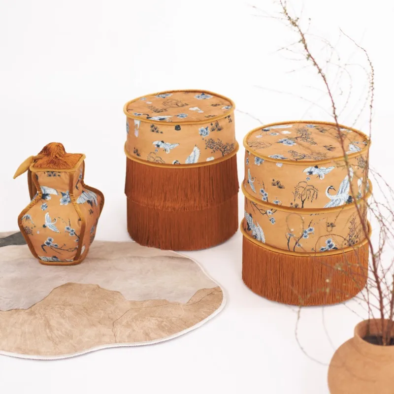 Chinese style pine crane fringed stool French Exquisite patterns low stool for Living room bedroom Makeup stool Small furniture