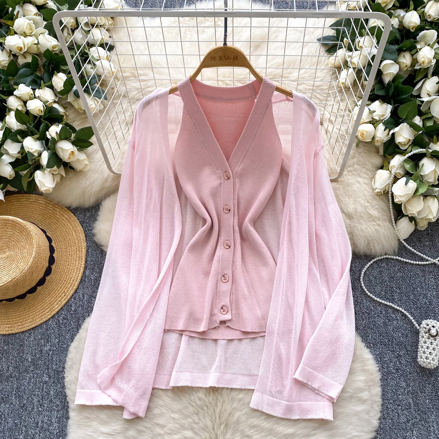 

Женский вязаный базовый солнцезащитный комплект пальто, женский летний сладкий сексуальный однотонный офисный женский корейский модный костюм на пуговицах с V-образным вырезом, пальто, наряд