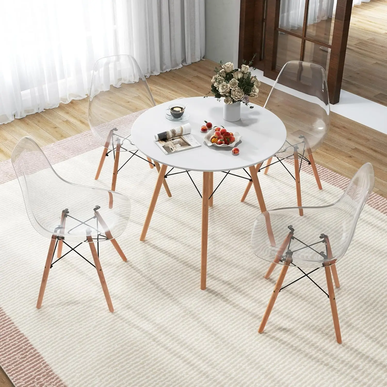 Juego de mesa de comedor de 5 piezas para 4, juego de mesa de cocina con asiento, patas de madera maciza, marcos de Metal y sobremesa de vidrio templado para el hogar