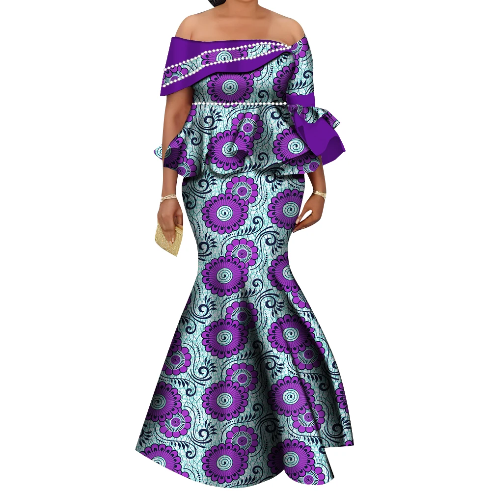 BintaRealWax African Clothing for Women Spring Bazin Riche Skirt and Pearls Top Sets 2 Pieces Customize Clothes WY9600