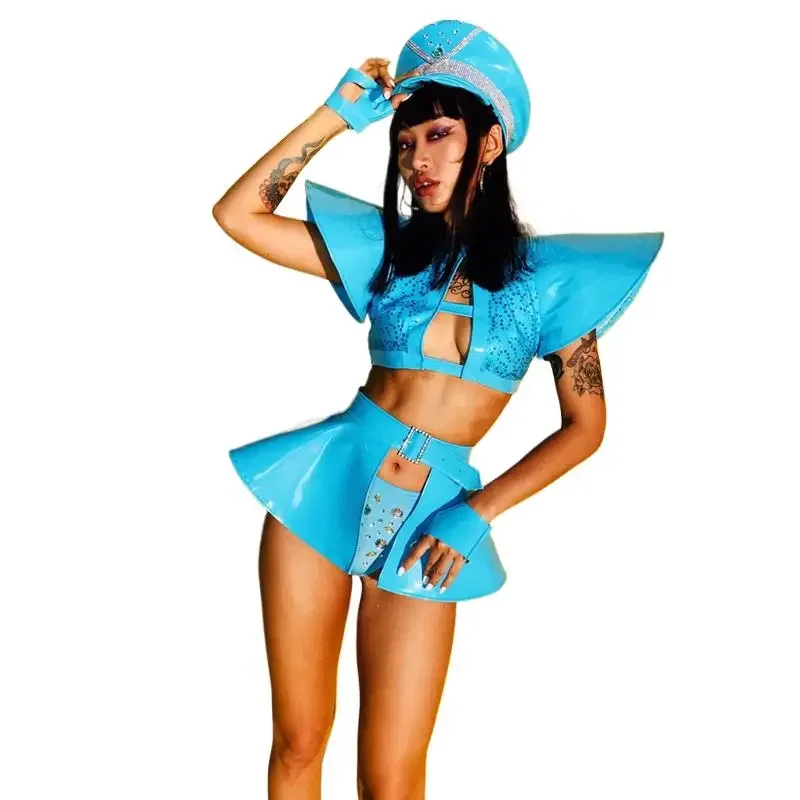 (Hat+Tops+Shorts+Girdle+Gloves) Blue Crystals Bikini Women Set Sexy DJ Singer Stage Outfits Leading Dancer Jazz Dance Costume