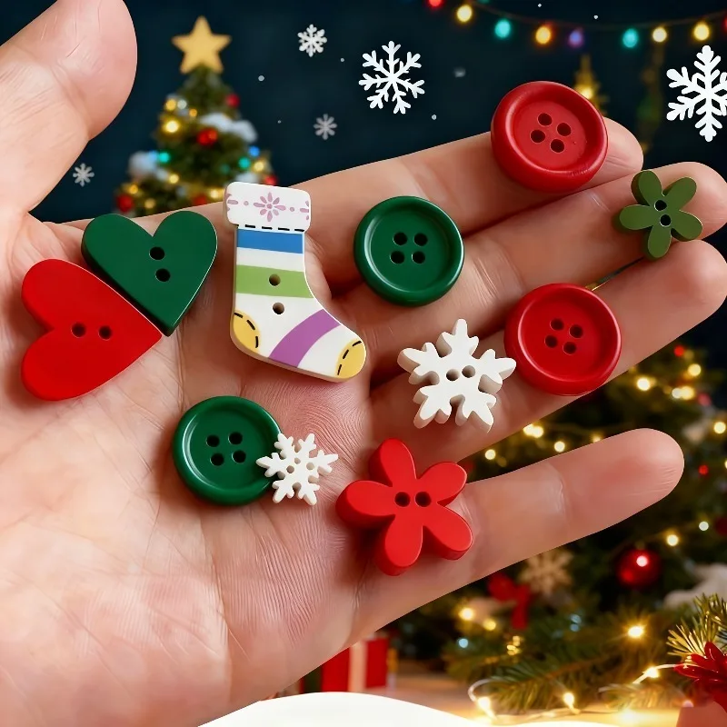 Christmas Craft Button Set - Multiple Wooden Holiday Shapes Suitable for Handmade Crafting, Scrapbooking, and Decoration