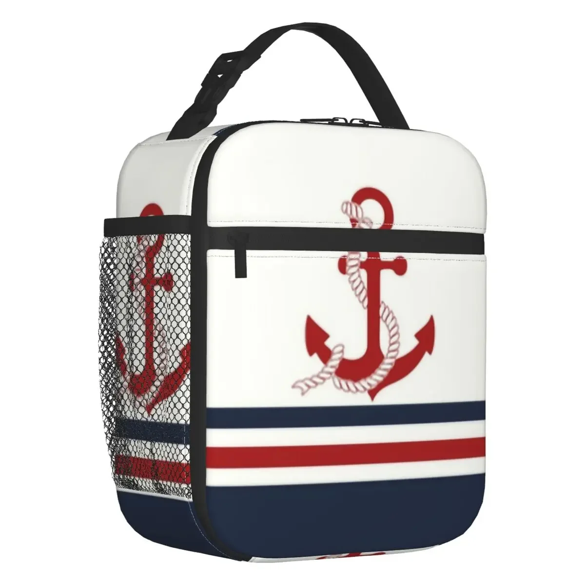 

Custom Navy Blue Stripes Nautical Anchor Boat Lunch Bag Men Women Thermal Cooler Insulated Lunch Boxes for Kids School