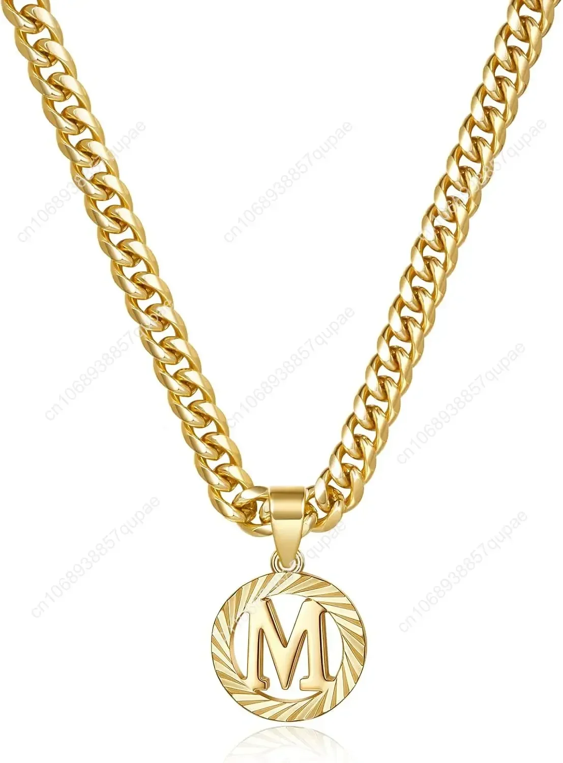 

KissYan Gold Initial Necklace,14K Gold Plated Round Letter Pendant Hollow Capital Monogram 5mm Cuban Chain Necklace Alhpabets fr