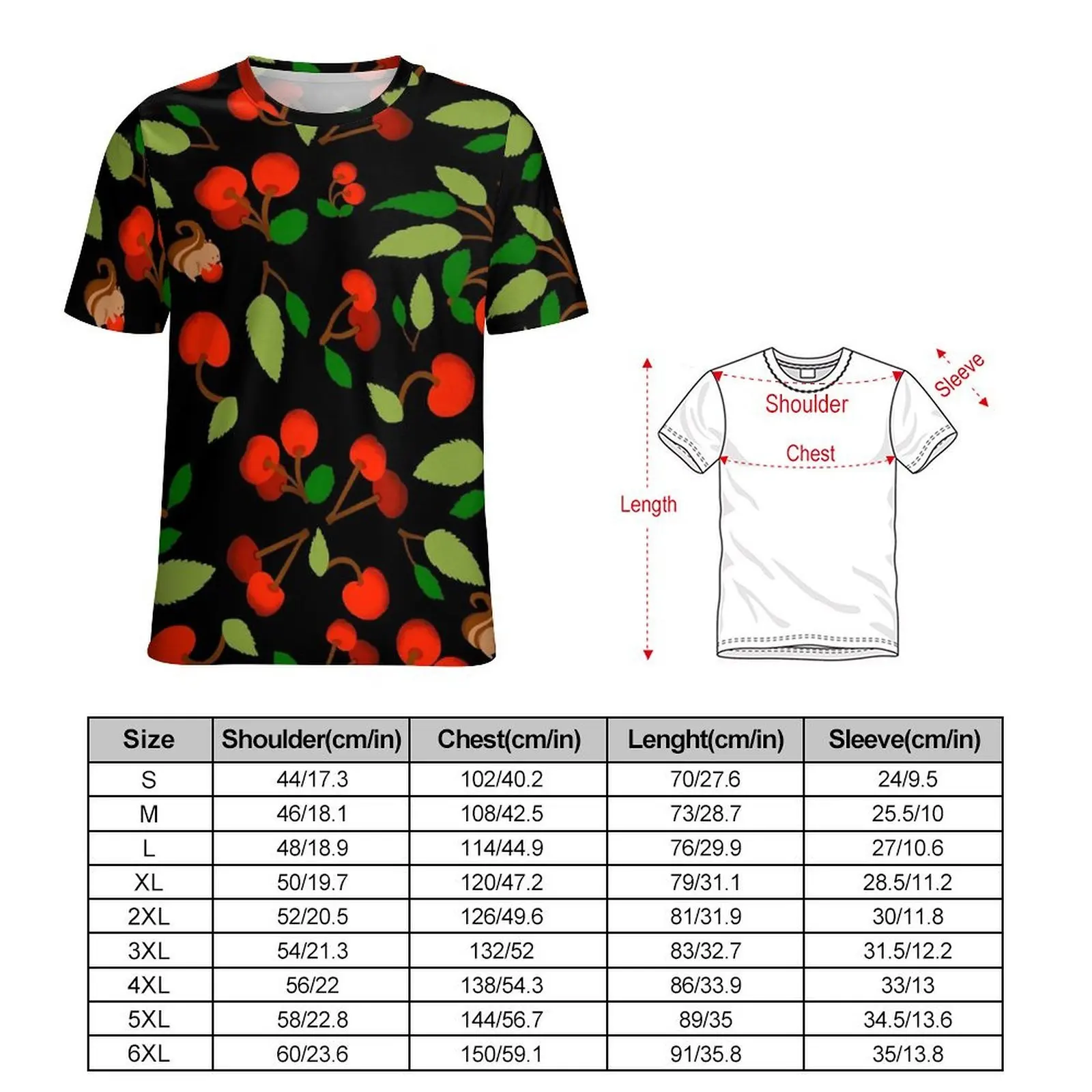 Cherries Field T-Shirt Green Leaf Print Awesome T-Shirts Round Neck Trending Tshirt Summer Male Design Tops Big Size