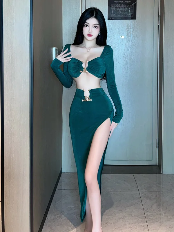 

New Sexy Strapless TVVOVVIN Long Sleeved Hollowed Out Dress Elegant Fashion Sexy Korean Women 2024 New Sweet Dresses 6WY