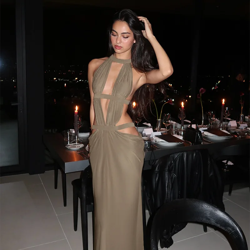 Halter Cut-Out Draped Super-Cut Back Bare Elegant Party Maxi Dress Waistless Backless Sleeveless Khaki Evening Prom Long Dress image 5