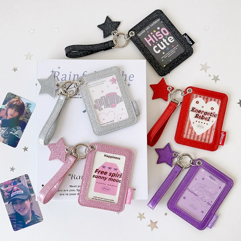 INS Aesthetic Korean Girly Glitter Faux Leather 3 Inch Photocard Holder Student Bus Meal ID Case Keychain Pendant Card Sleeve