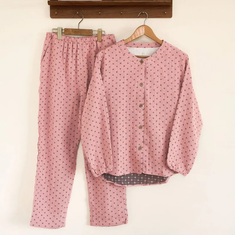 Japanese-style Simple Round-neck Pajama Sets for Men and Women. Thin Cotton. Double-layer Gauze Long-sleeved Shirts Long Pants.